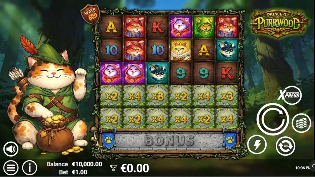 Tampilan visual slot Prince of Purrwood dengan karakter kucing bertema abad pertengahan