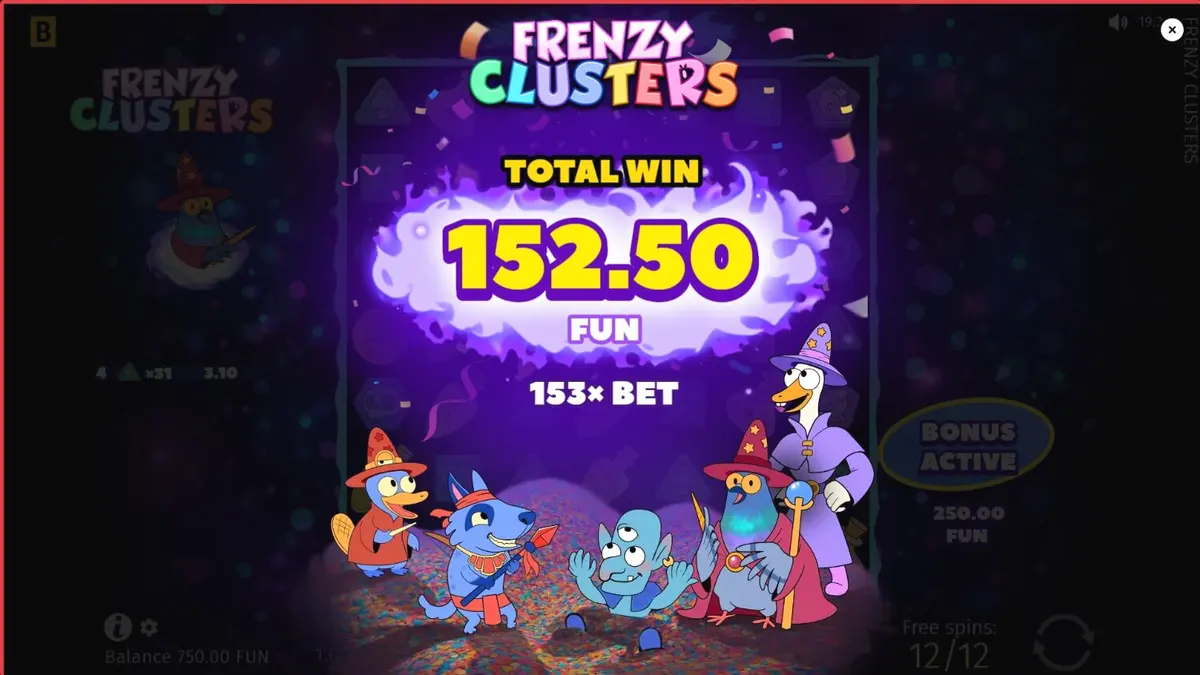 Tampilan visual slot Frenzy Clusters dengan karakter kartun dan simbol alkimia