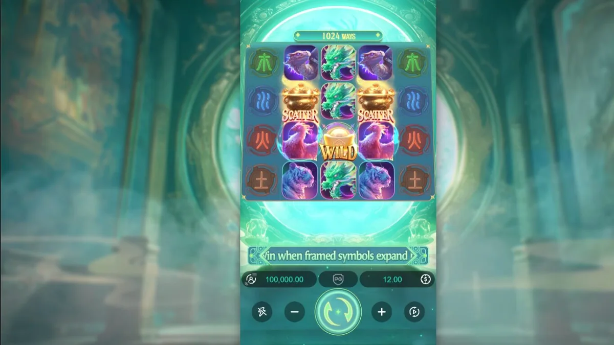Tampilan visual slot Mythical Guardians dengan tema mitologi Tiongkok yang megah