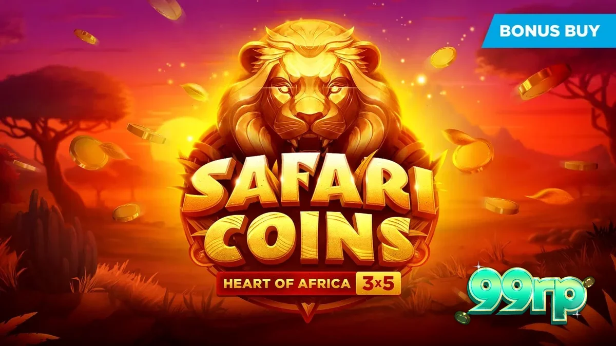 Tampilan visual slot Safari Coins dengan latar belakang savana Afrika