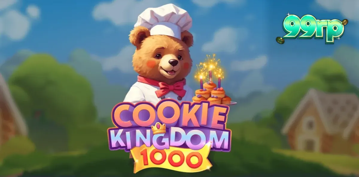Tampilan visual permainan slot Cookie Kingdom 1000 dengan karakter beruang koki dan simbol permen yang berwarna-warni.